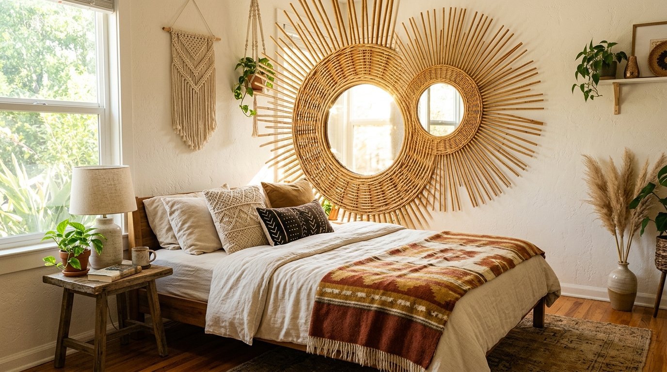 Bedroom with a double sunburst mirror above a bed with a southwestern style throw blanket.