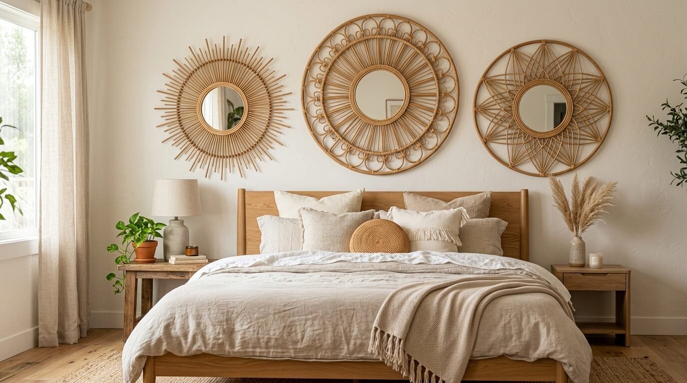 A beige linen bed featuring three intricate circular wicker mirrors mounted on the wall above the headboard.