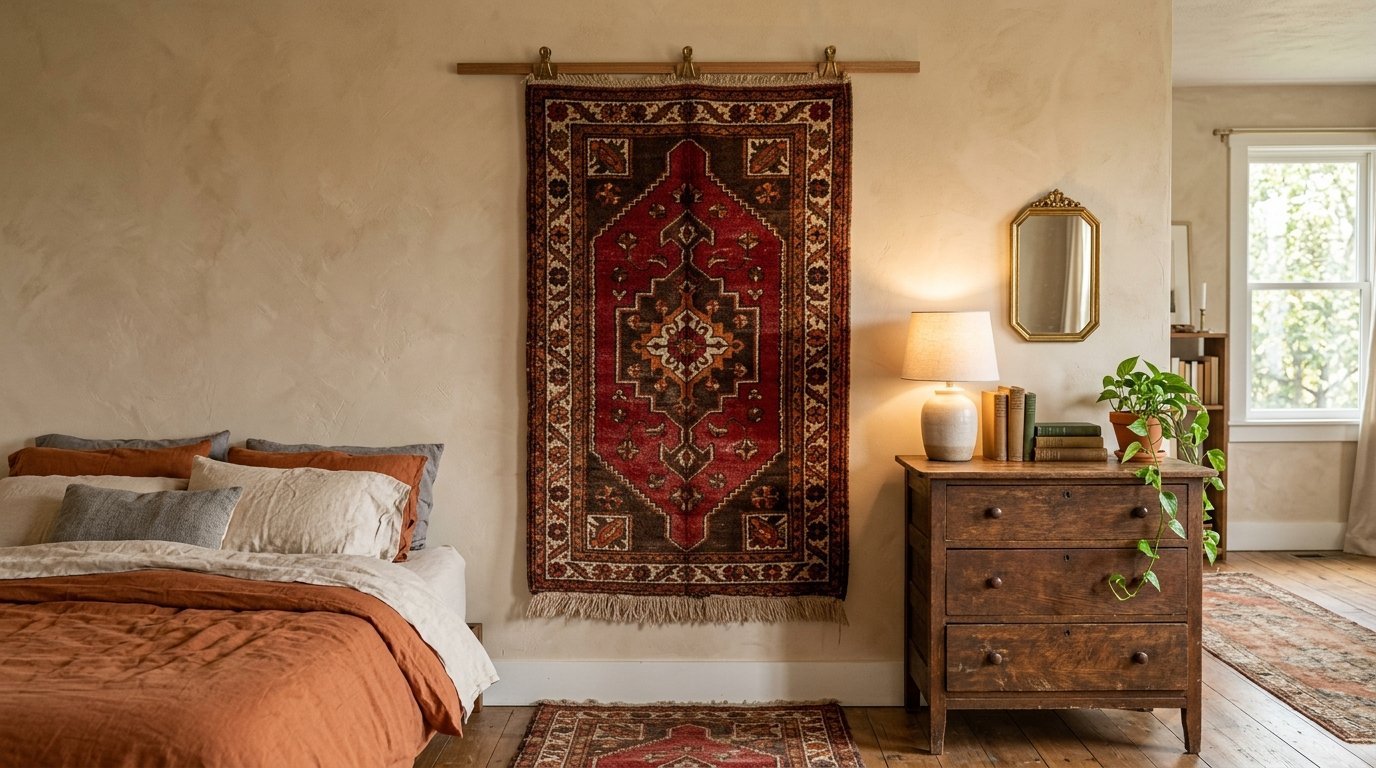 A bedroom wall with a hanging ornate tribal rug, wooden dresser, table lamp, and a cozy bed with linen bedding.