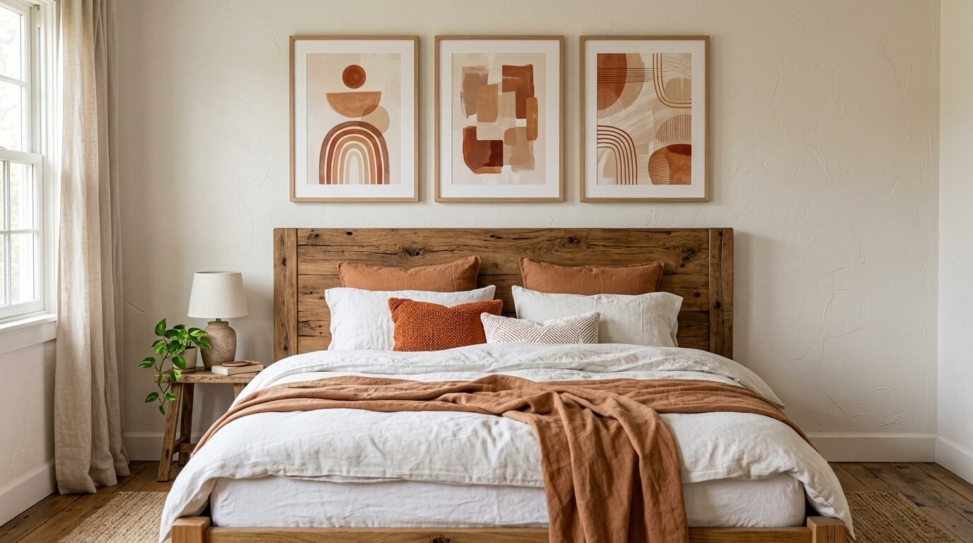 Queen bed with a rustic wood headboard, linen bedding, and three abstract terracotta prints hanging on a white wall.