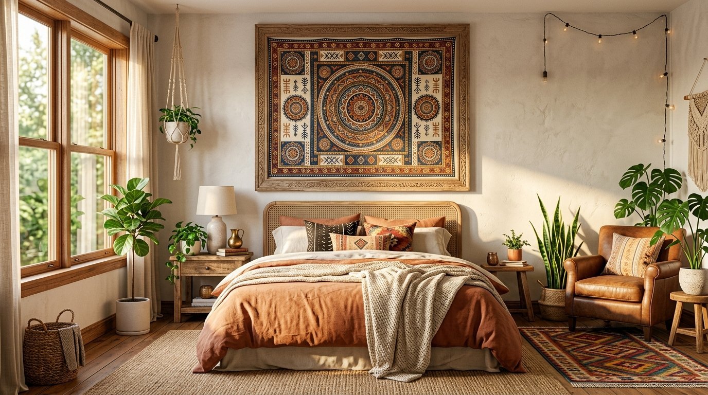 Cozy bedroom with rattan bed frame, terracotta bedding, house plants, and a vibrant geometric wall hanging.