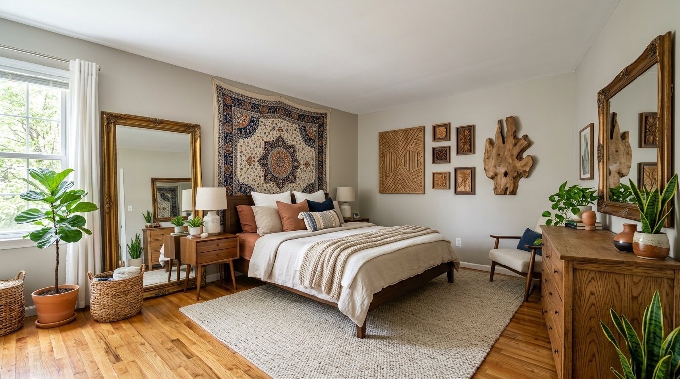 Bohemian style bedroom with a patterned wall hanging, floor mirror, and wooden furniture on hardwood flooring.