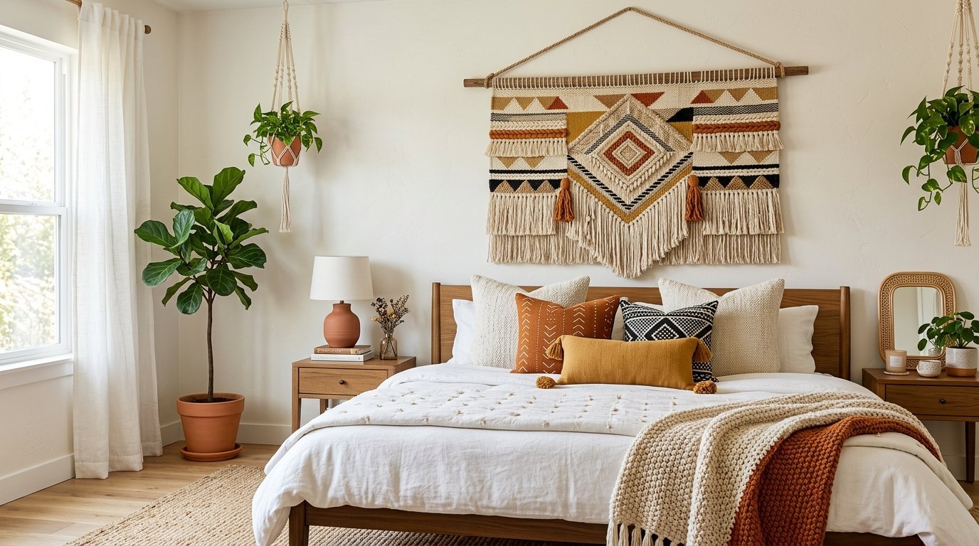 A bedroom with a large macrame wall tapestry, a wooden bed, and various green potted plants.