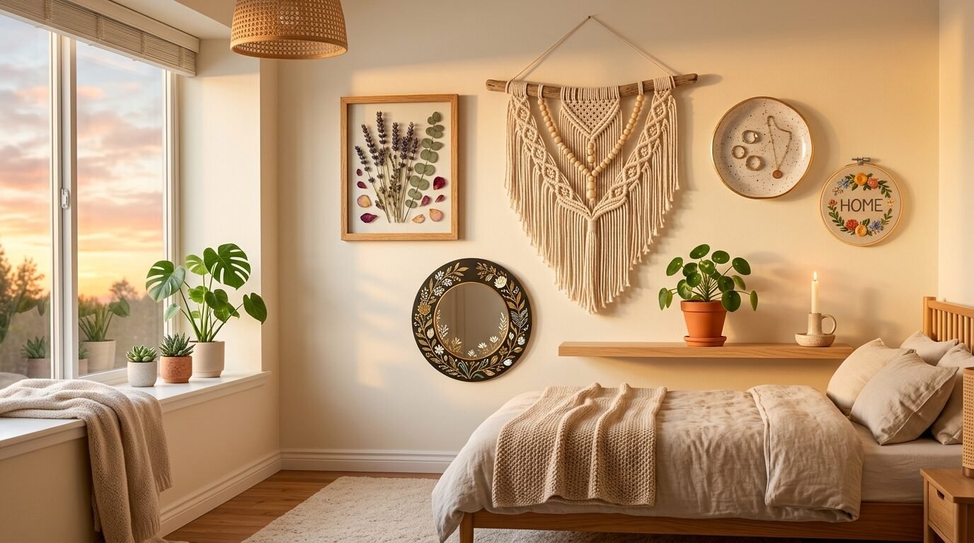Bohemian bedroom wall with macrame, framed pressed flowers, floral mirror, and embroidery hoop.