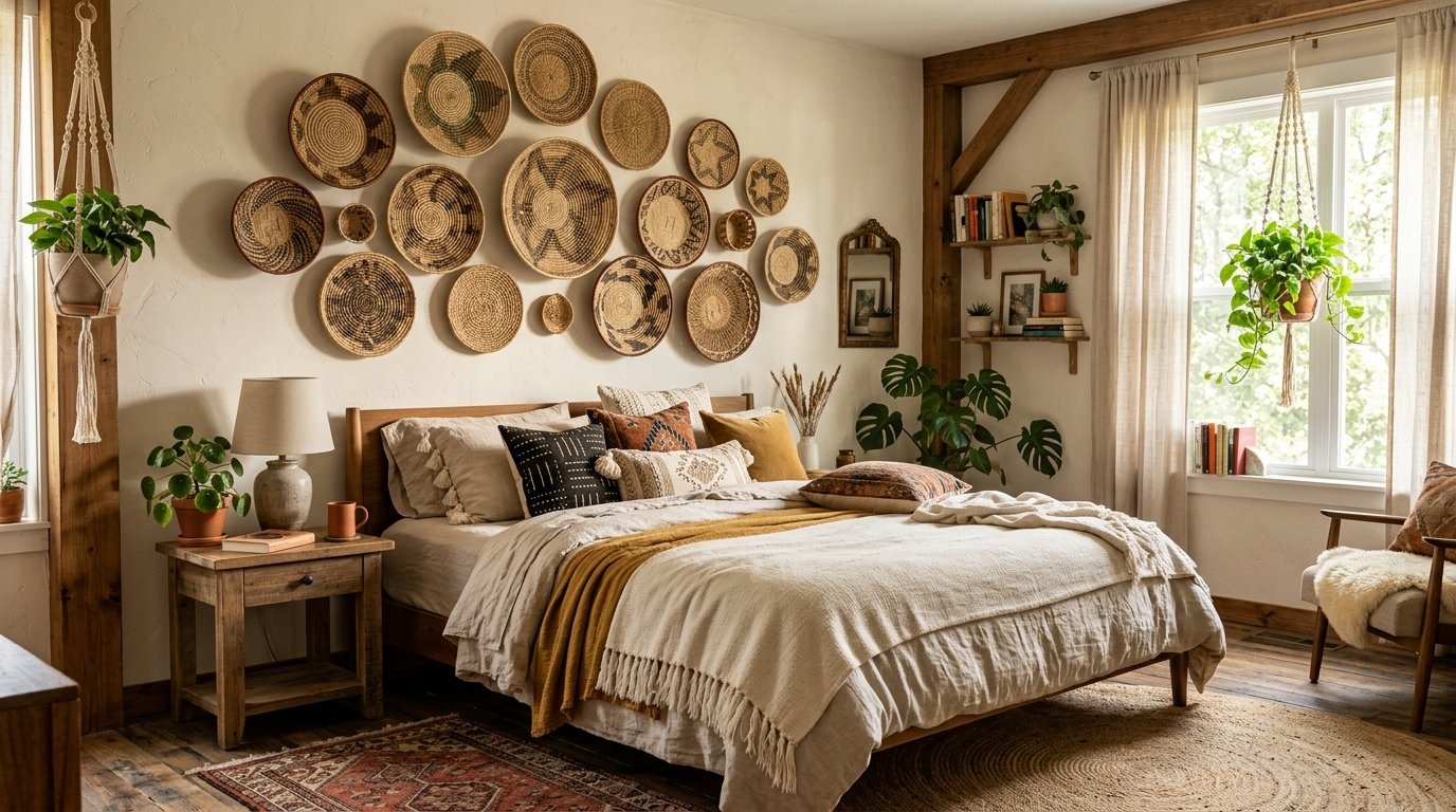 A farmhouse style bedroom featuring a gallery wall of decorative woven baskets above a bed with earth-toned linens.