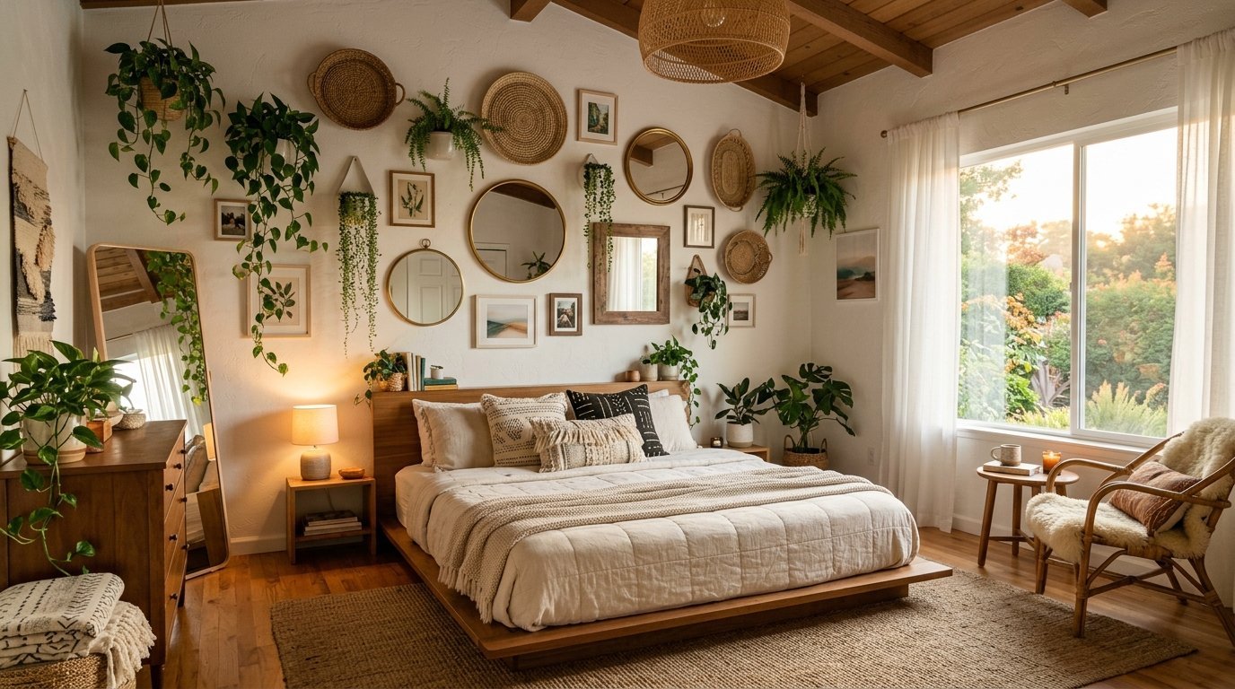 Cozy bedroom interior with a wooden platform bed, gallery wall, woven accents, and numerous indoor hanging plants.
