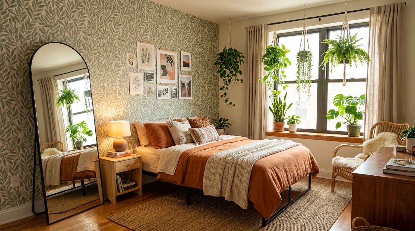 Arched mirror next to a bed with orange linens in a plant-filled room with leaf pattern wallpaper.