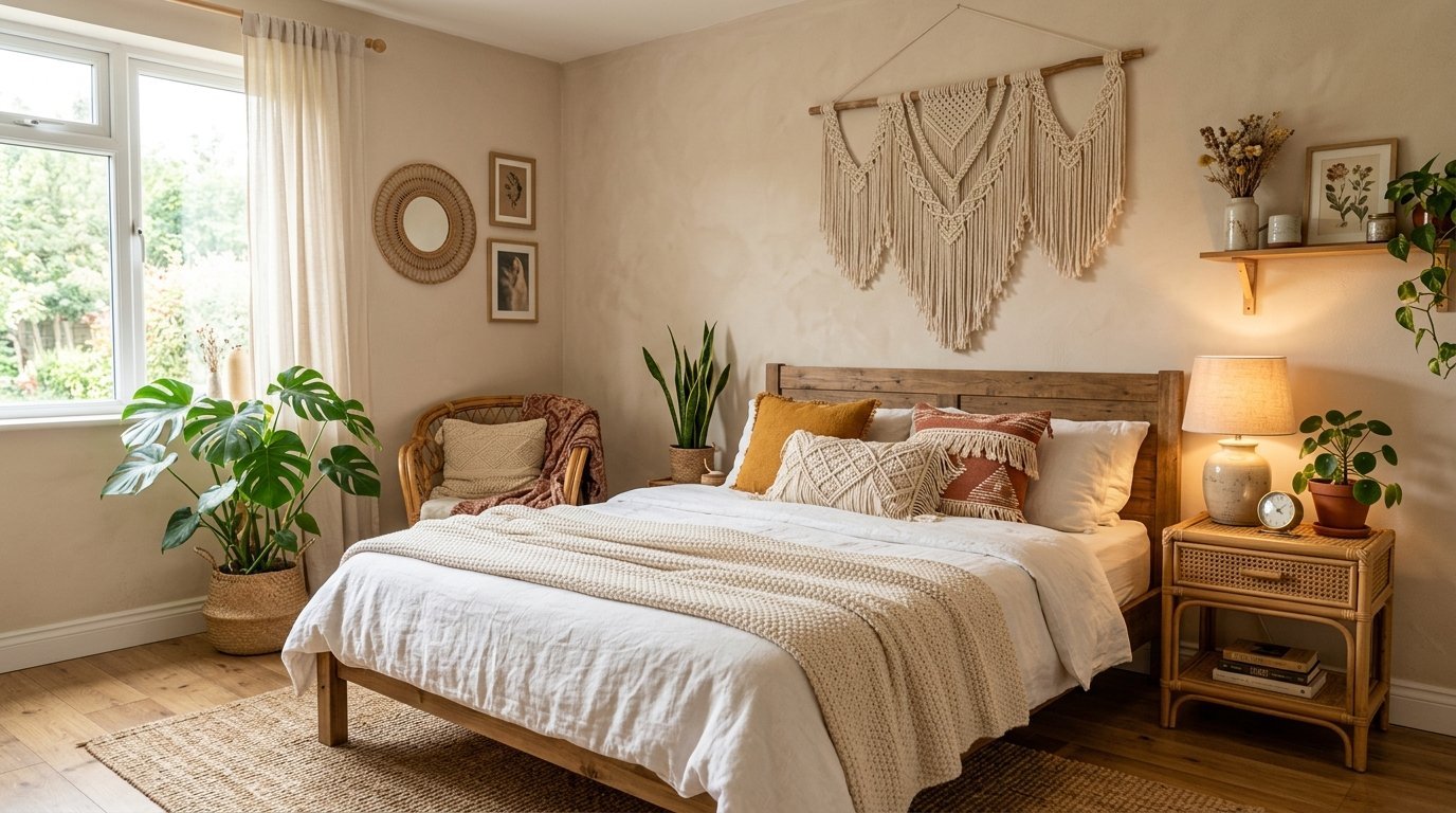 Cozy bedroom with wooden bed, macrame wall hanging, monstera plant, and wicker nightstand.
