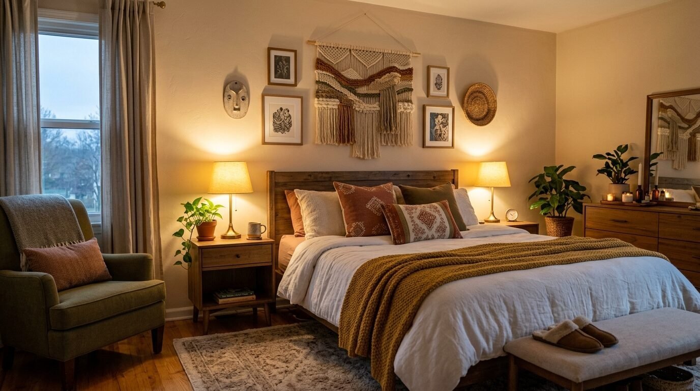 A rustic bedroom with a wooden headboard, macrame wall hanging, and green accent chair in a warm, inviting atmosphere.