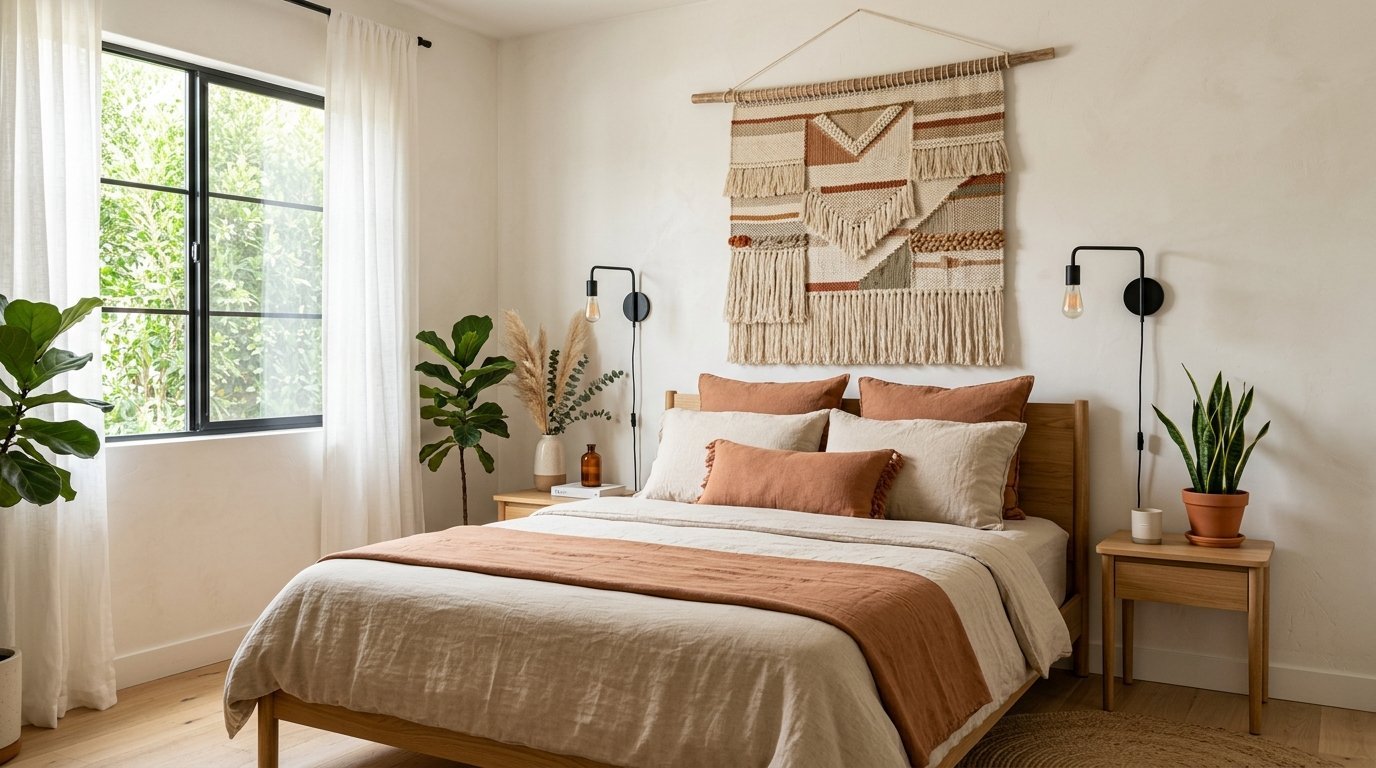 Neutral bedroom with a large woven textile wall hanging, wooden furniture, and green houseplants.