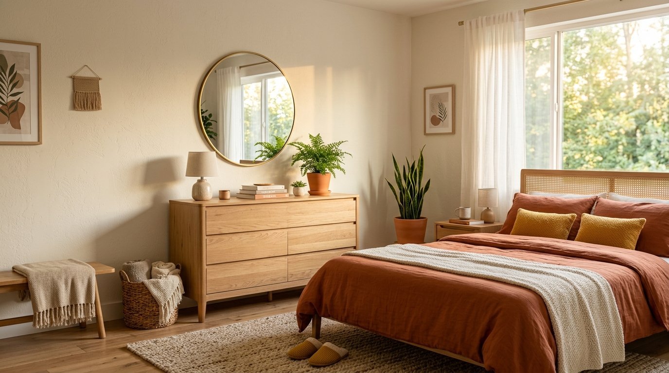 Sunny bedroom with a cane headboard, terracotta duvet, round gold mirror, and indoor plants.