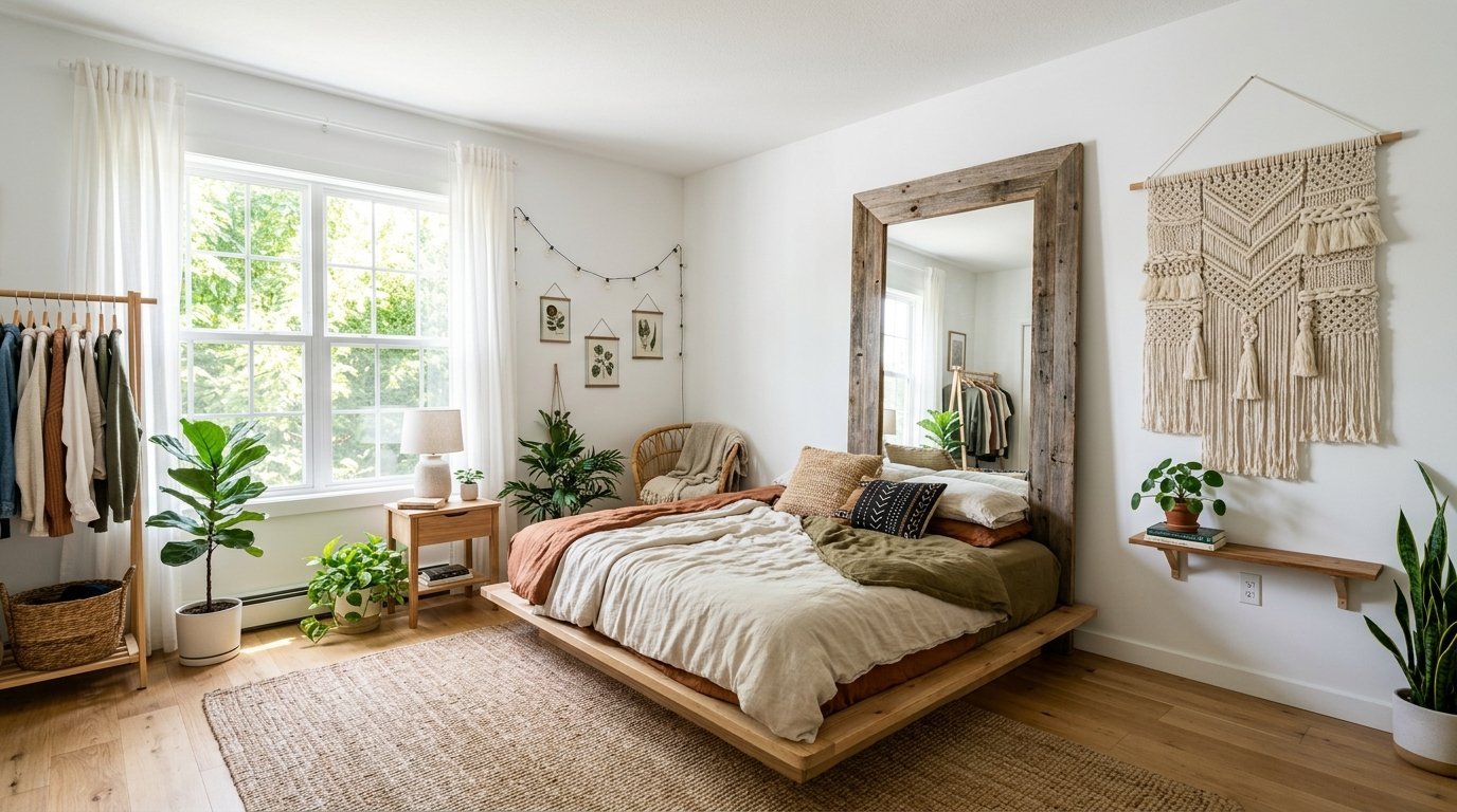 Bright modern bedroom with a floating platform bed, jute rug, macrame wall hanging, and various indoor plants.