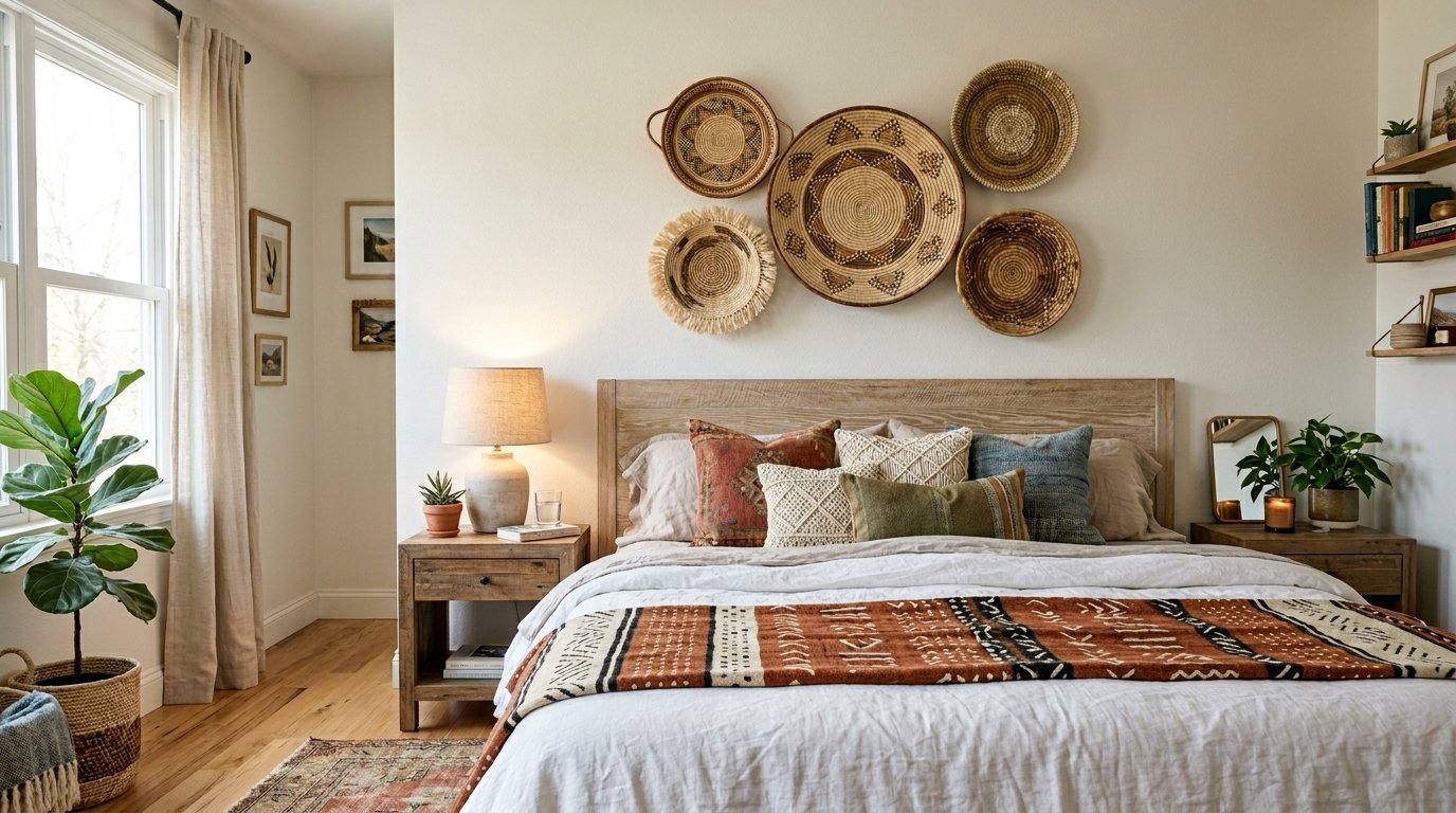 A cozy bedroom with a patterned mudcloth throw blanket and a wall art display of five round decorative baskets.