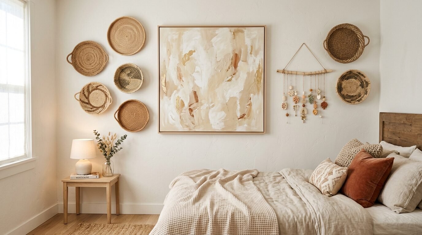 Bedroom wall with textured neutral art, rattan baskets, and a hanging wooden craft piece.