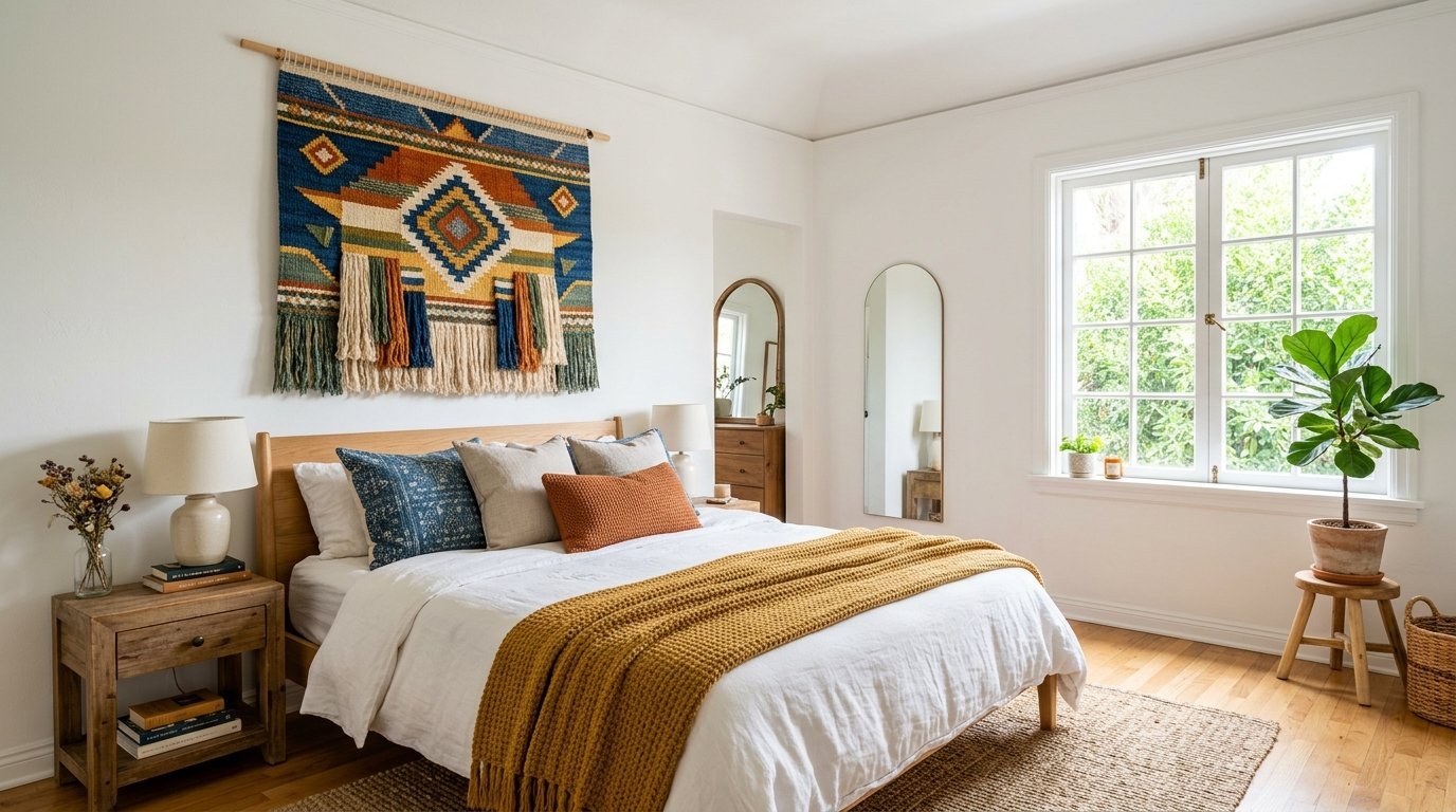 Bright bedroom with a wooden bed, mustard knit blanket, and large colorful patterned wall hanging.