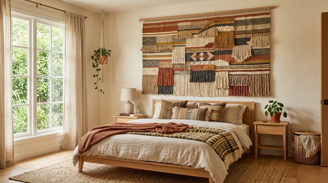 A bedroom with an earthy aesthetic, showing a textured tapestry hanging above a wooden bed with neutral bedding.
