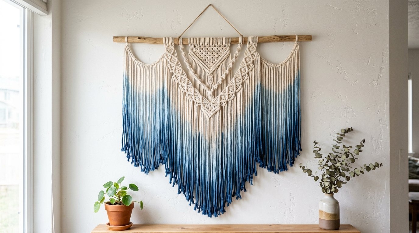 A handmade macrame tapestry with blue dip-dyed fringe hanging on a white wall above a wooden console table.
