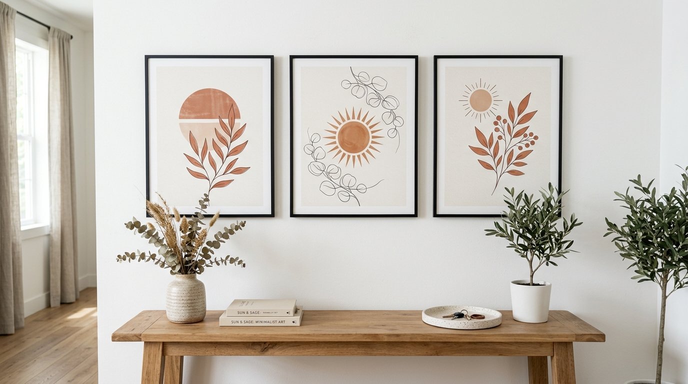 A trio of framed bohemian art prints displayed above a wooden console table with plants.