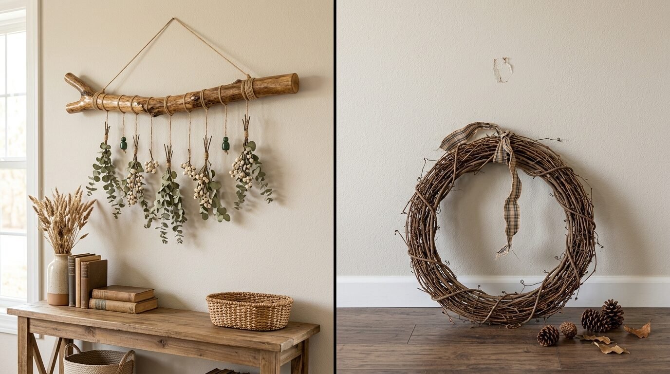 Dried floral wall decor on a wooden branch next to a large grapevine wreath on the floor with pinecones.