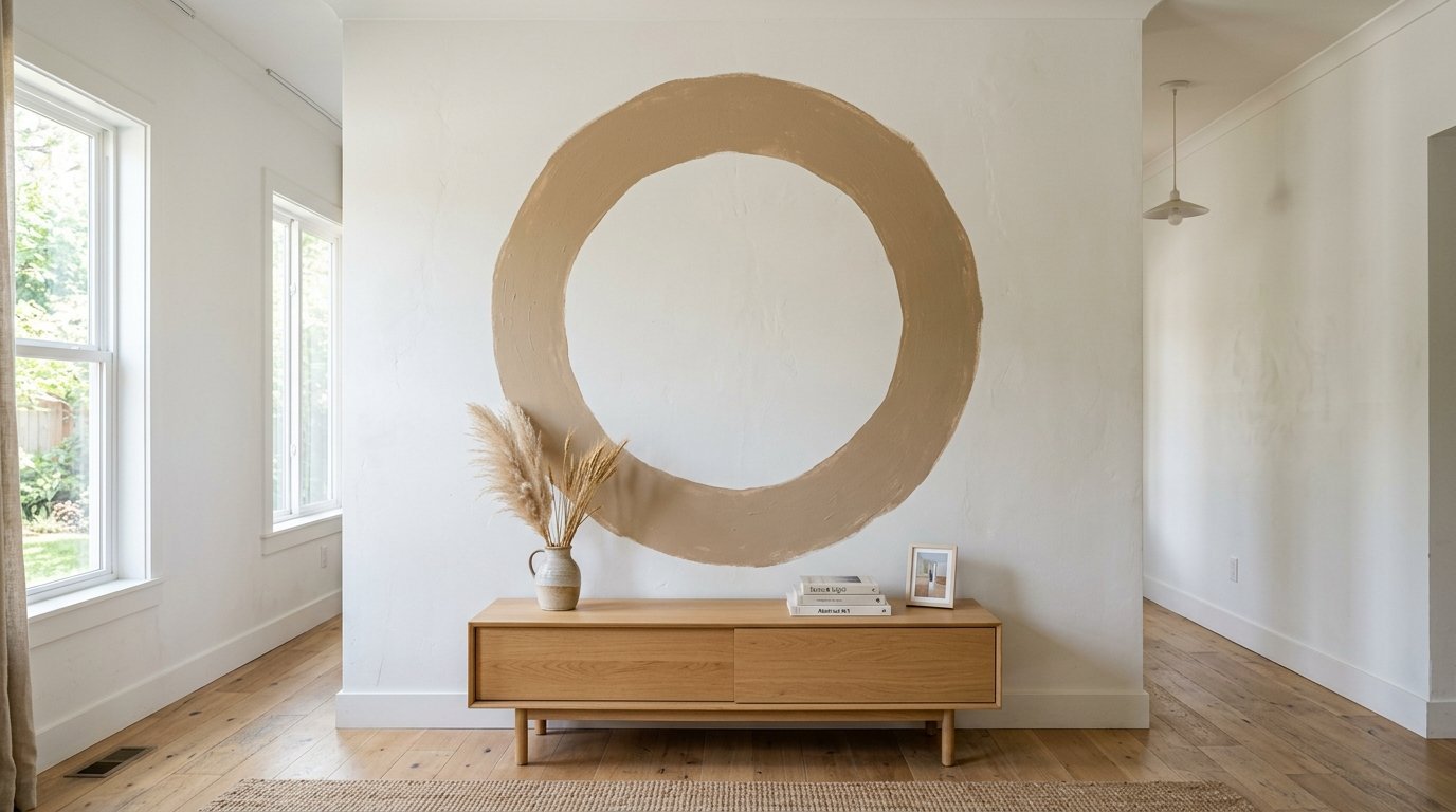 Wooden console table sits beneath a hand-painted beige circle on a white wall in a modern home.