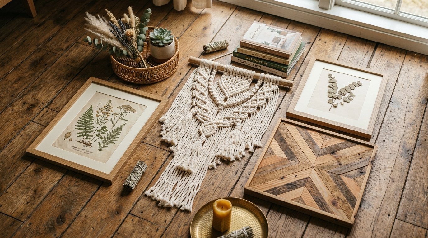 Macrame wall hanging, framed botanical prints, and wooden decor arranged on a rustic hardwood floor.