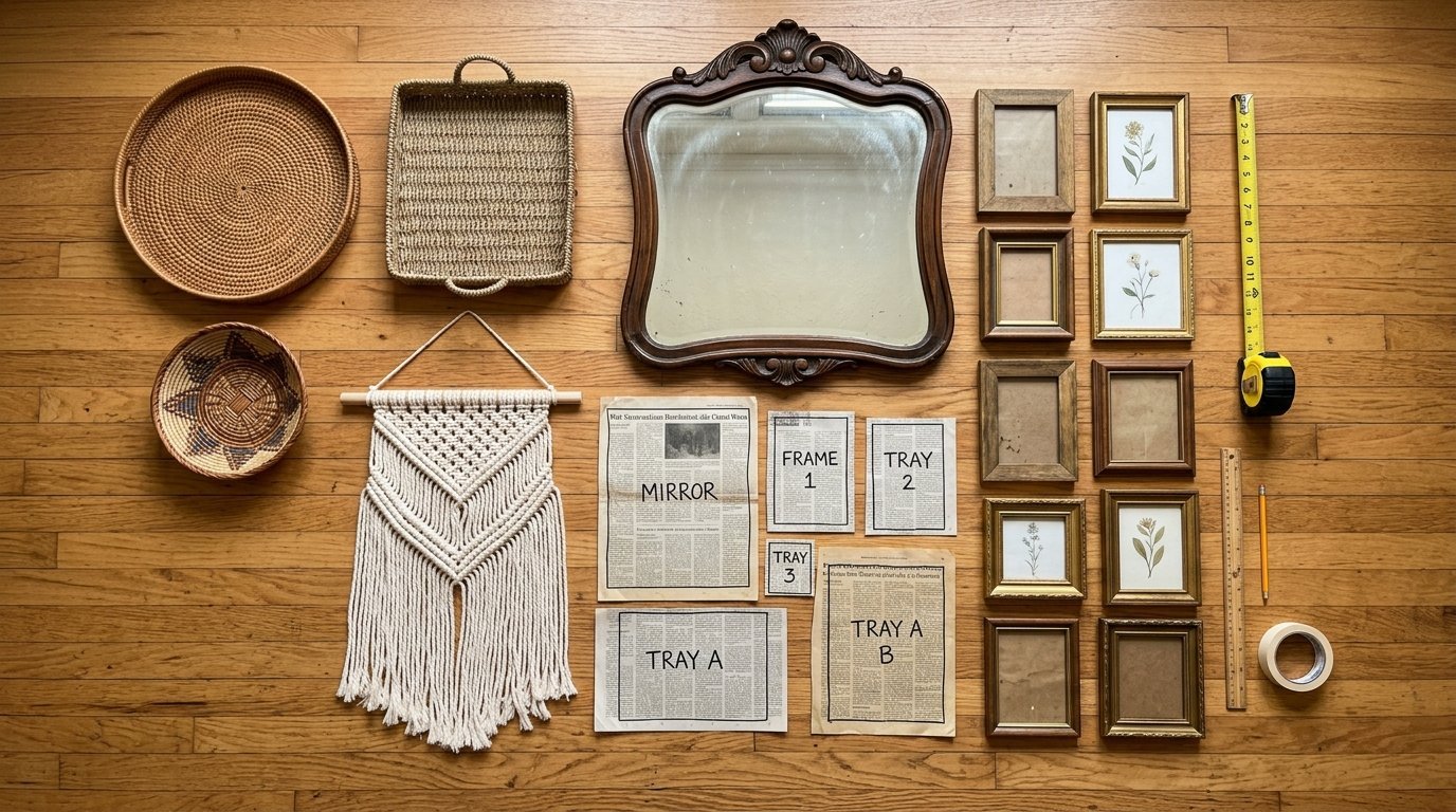 Top-down view of a vintage mirror, macrame wall hanging, trays, frames, and tools arranged on a wooden floor.