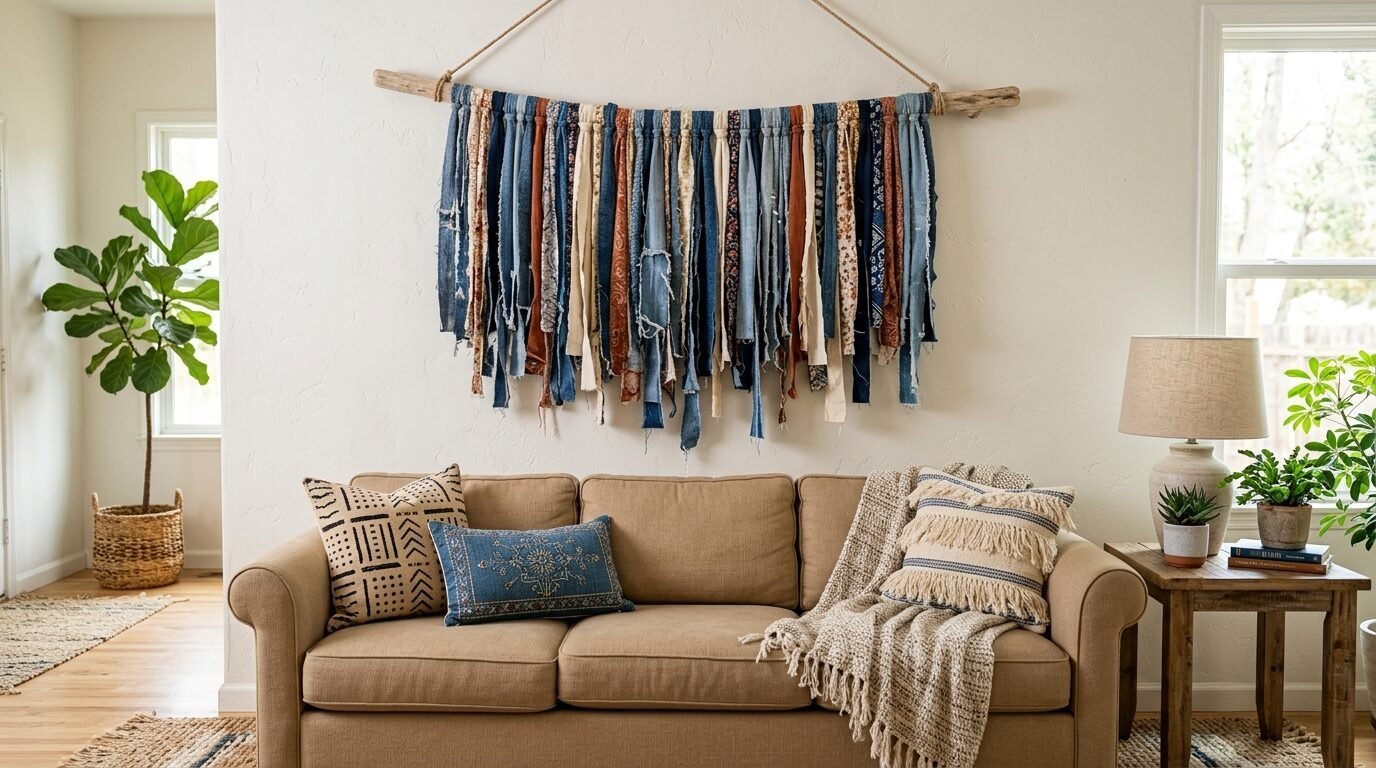 A handmade wall hanging of mixed denim and patterned fabric strips displayed above a beige sofa.