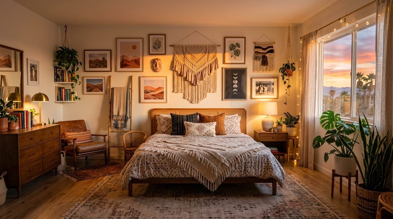 Bohemian bedroom featuring a patterned bed, wicker furniture, plants, and a gallery wall under warm evening light.