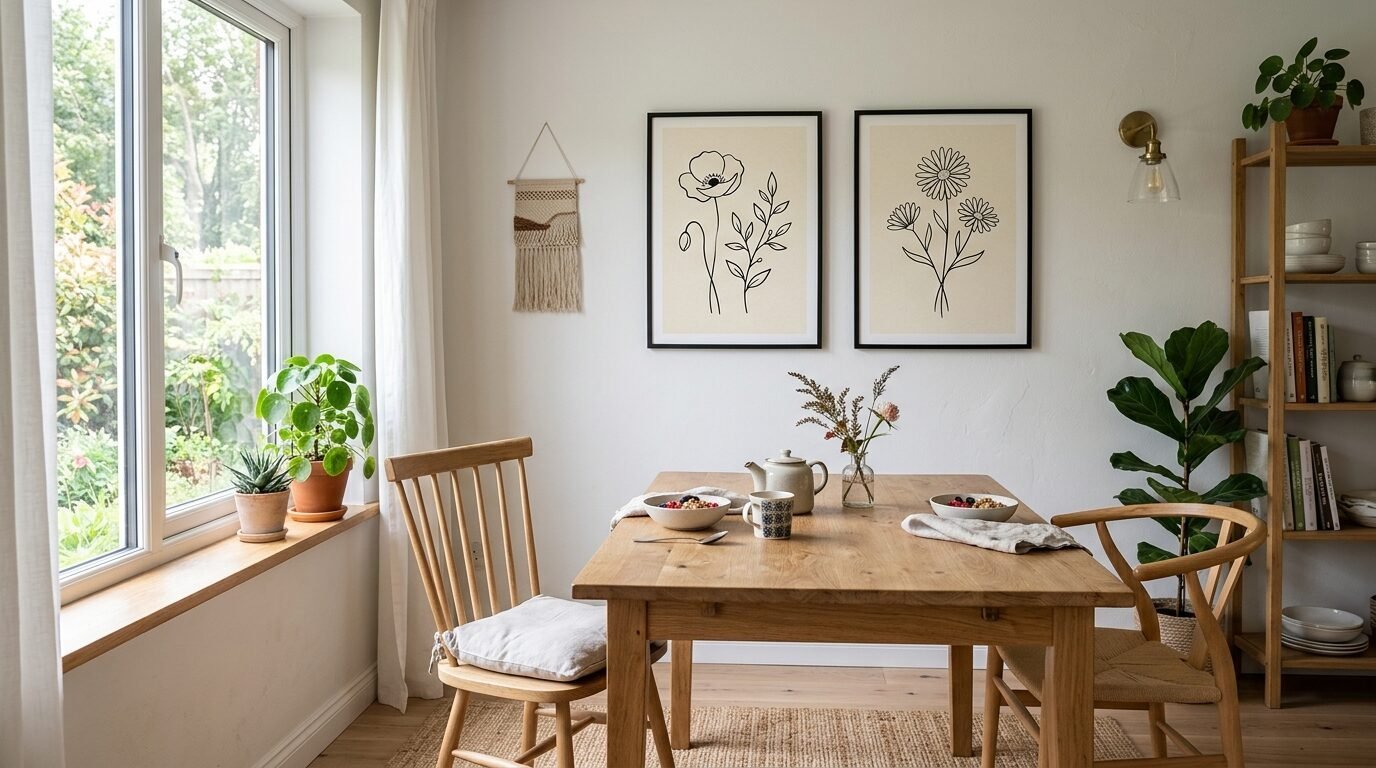 A wooden dining table with bowls of fruit sits under framed line art prints of flowers in a bright room.