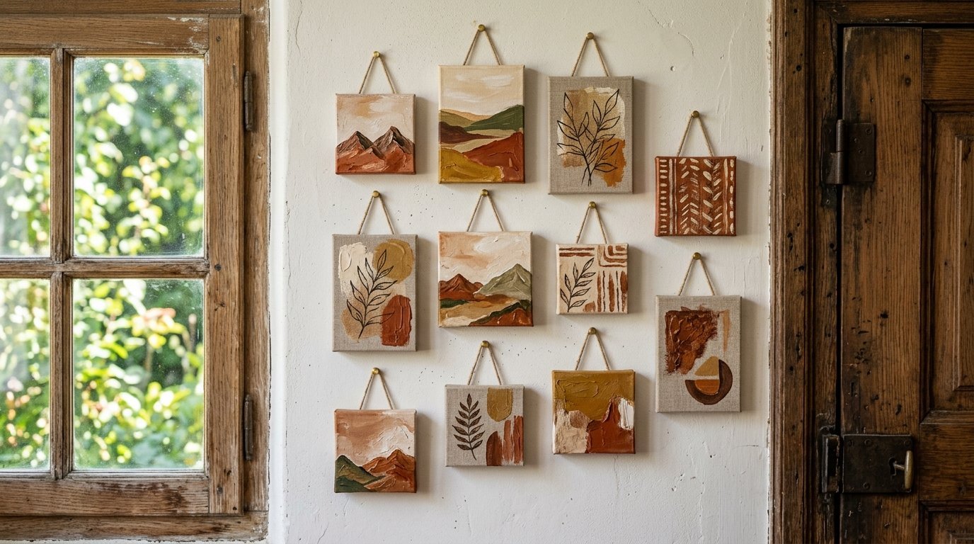 Collection of small square canvas paintings with rust and green textures hanging on a white wall by a window.