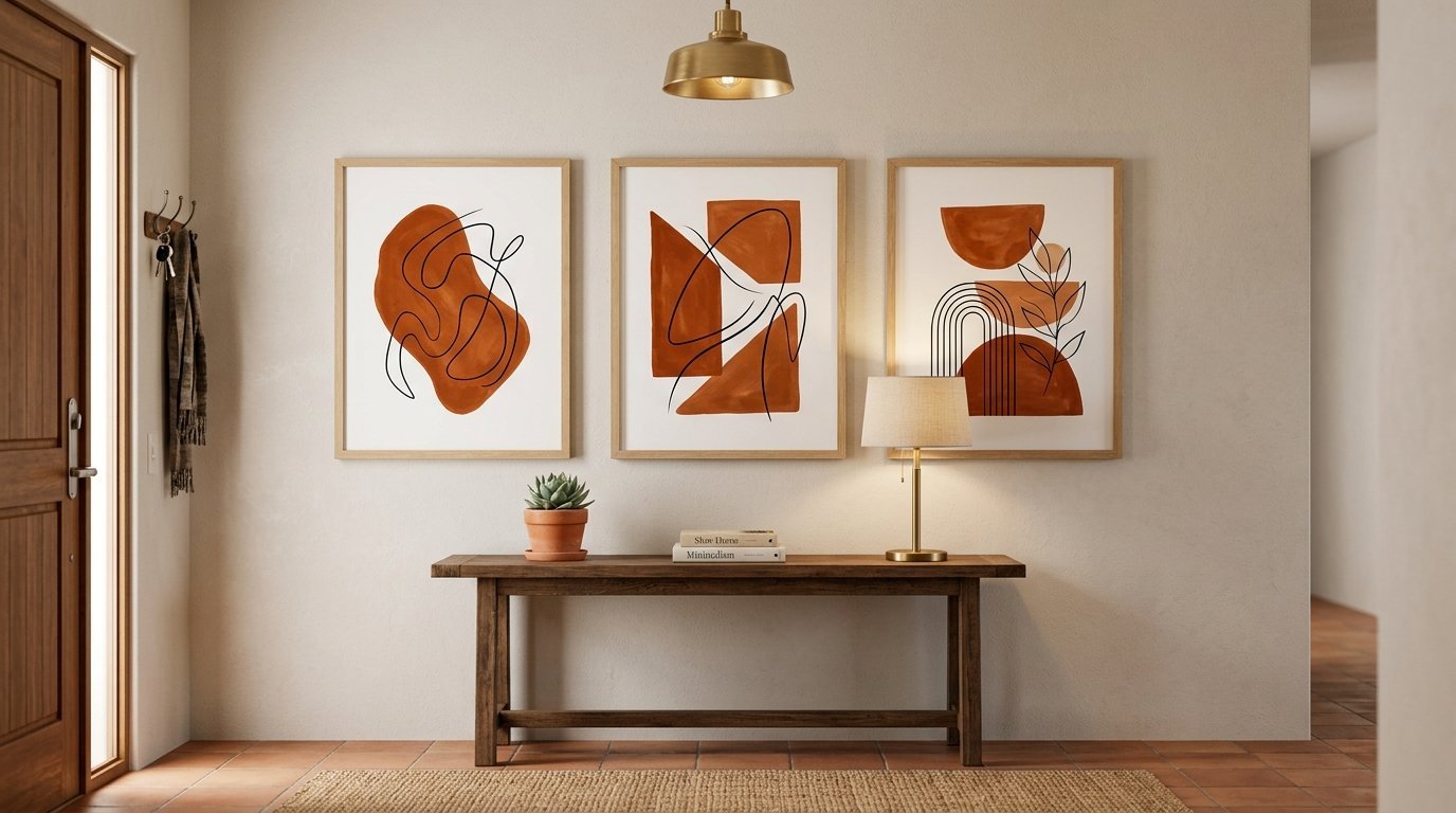 Three framed abstract art prints with earthy orange shapes in a warm, modern entryway interior.