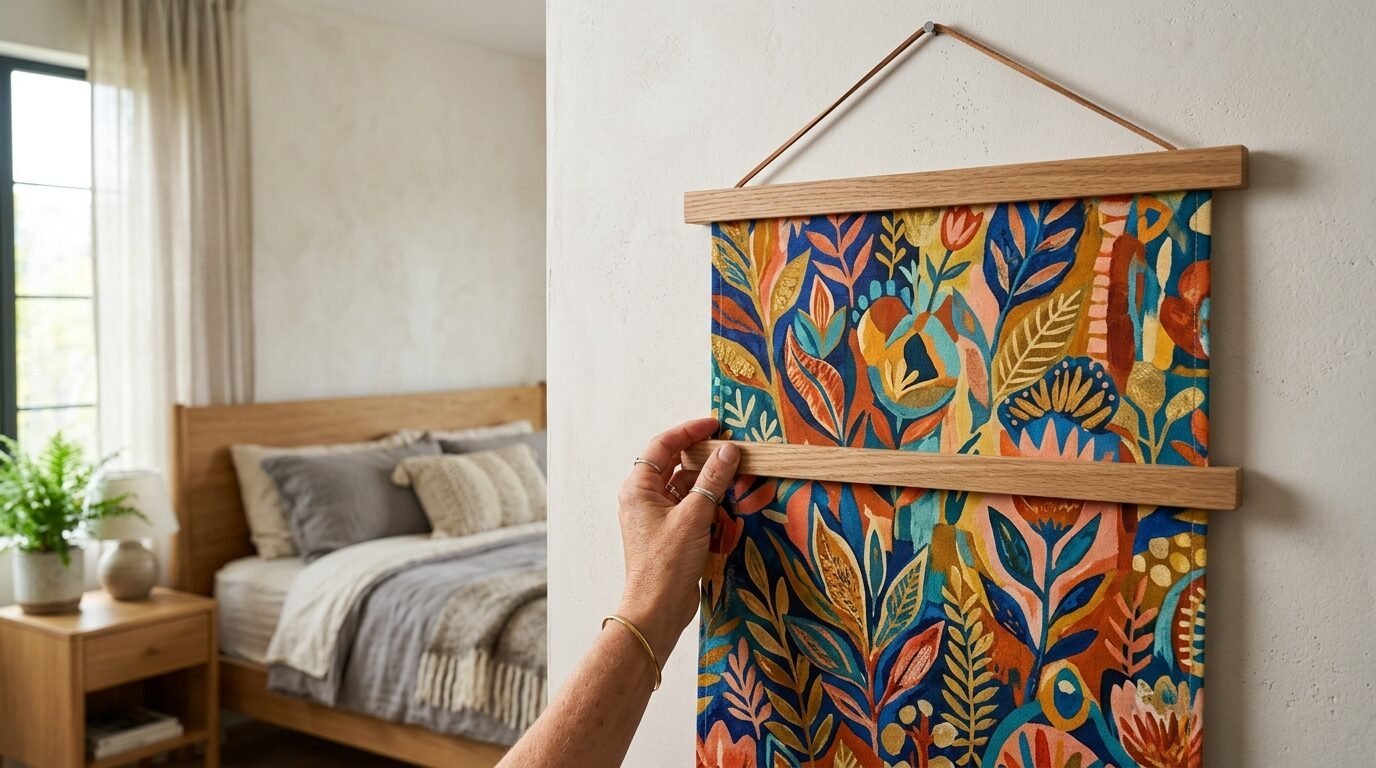 Close-up of a person holding a wooden frame holding a colorful botanical textile print against a white wall.