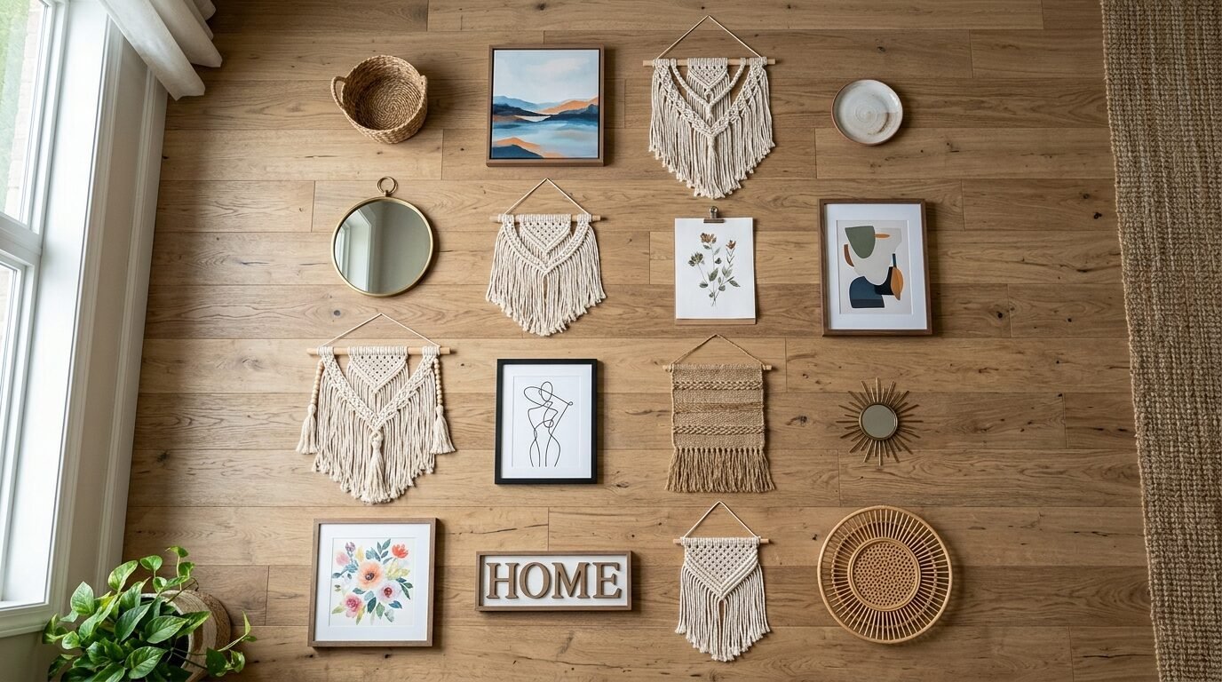 Bohemian style gallery wall with macrame, framed prints, a round mirror, and woven baskets on a wooden wall.