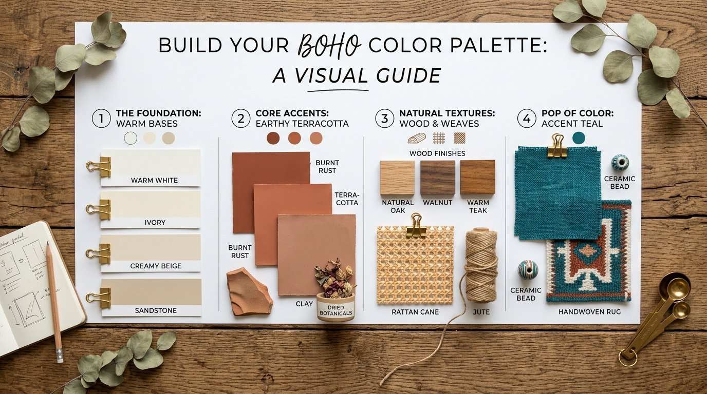 Instructional infographic displaying fabric, wood, and ceramic samples for a boho-style interior design scheme.