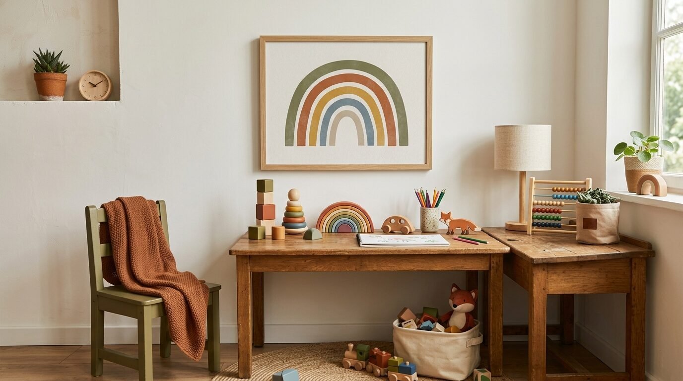 Children's wooden desk with a rainbow print, stacking toys, crayons, and a fox plushie in a bright room.