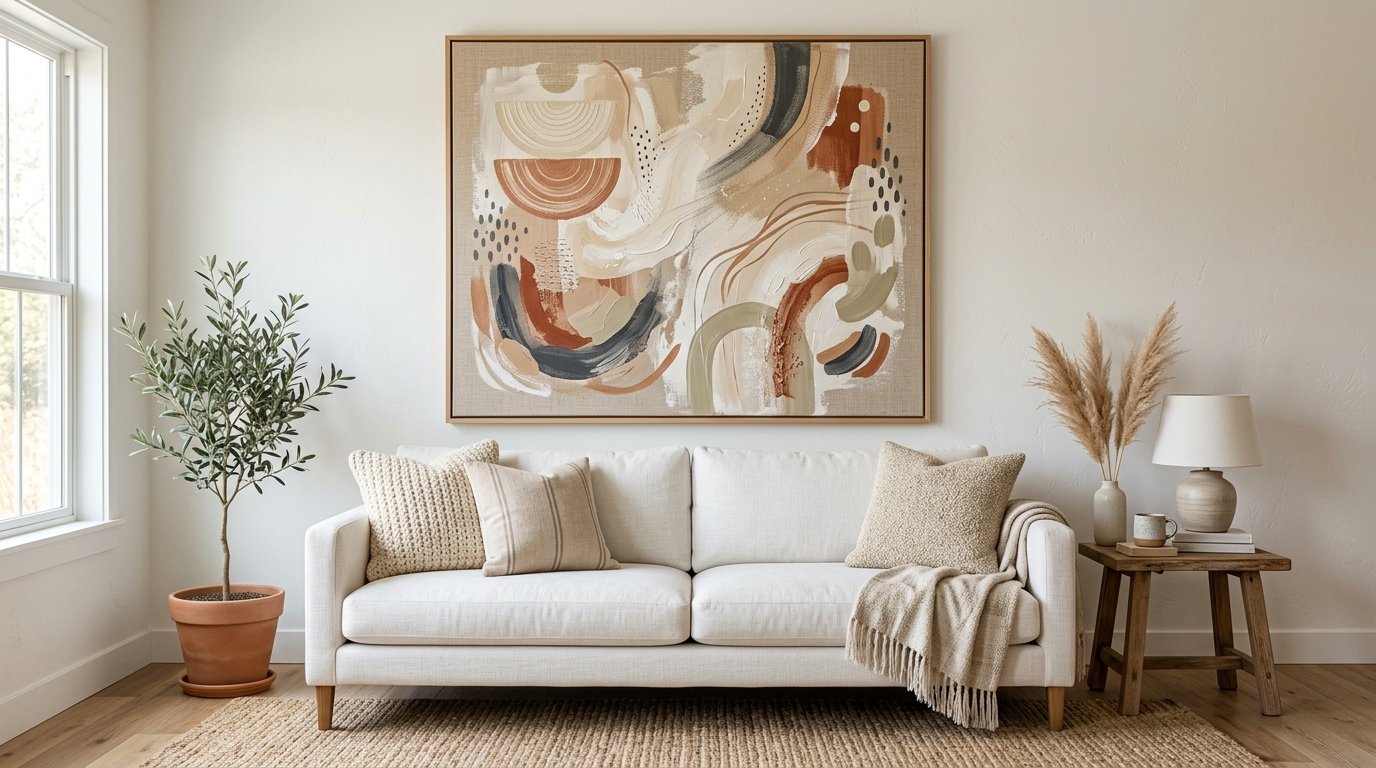 Neutral living room featuring a cream sofa with textured pillows and earthy abstract wall decor.