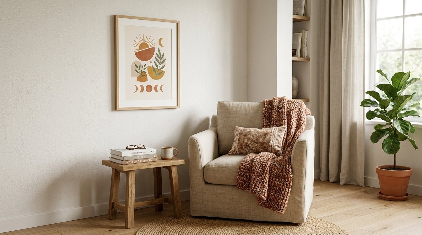 A beige armchair with a textured rust-colored throw blanket, side table with books, and a potted plant in a bright room.