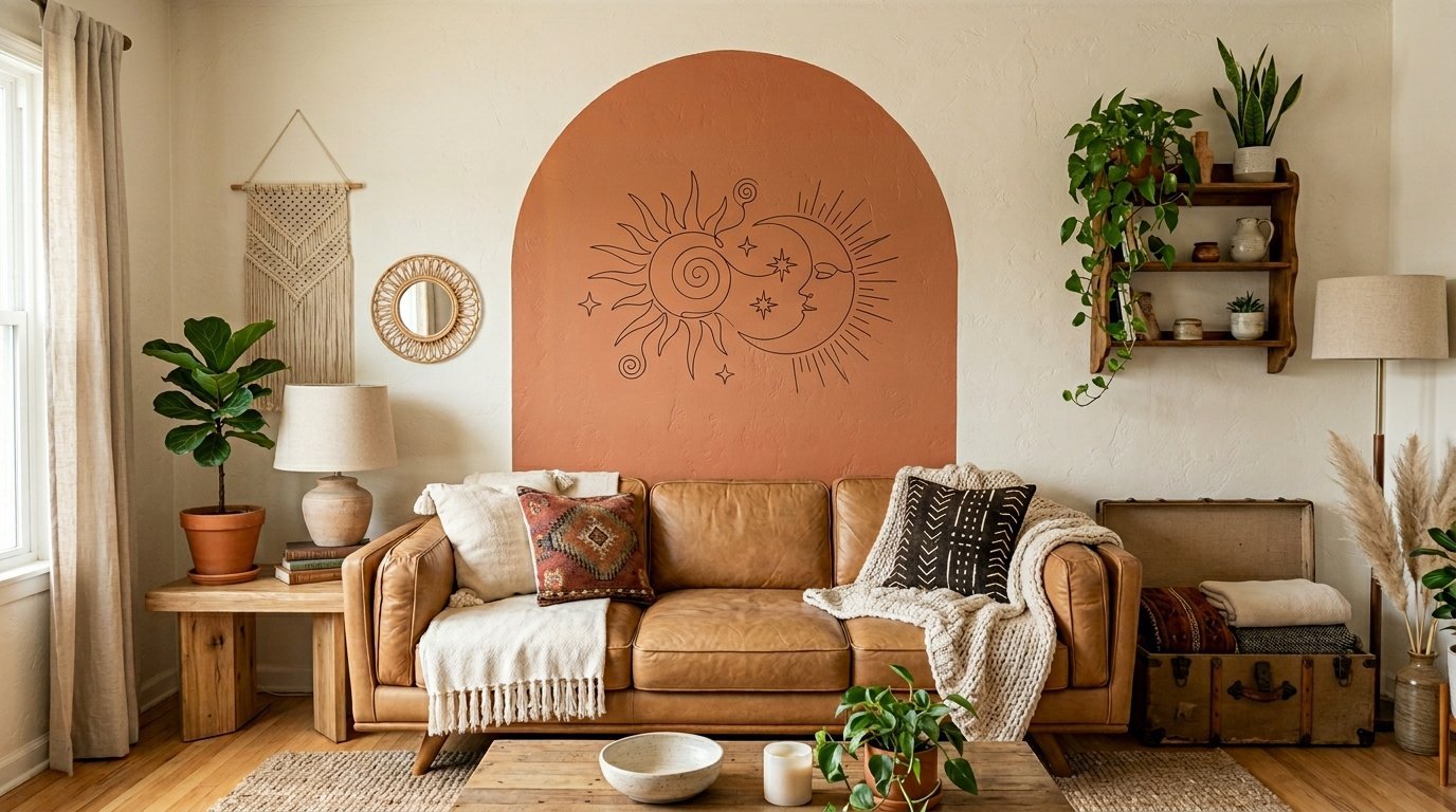 Modern boho living room featuring a terracotta arch mural with sun and moon wall art behind a brown leather sofa.