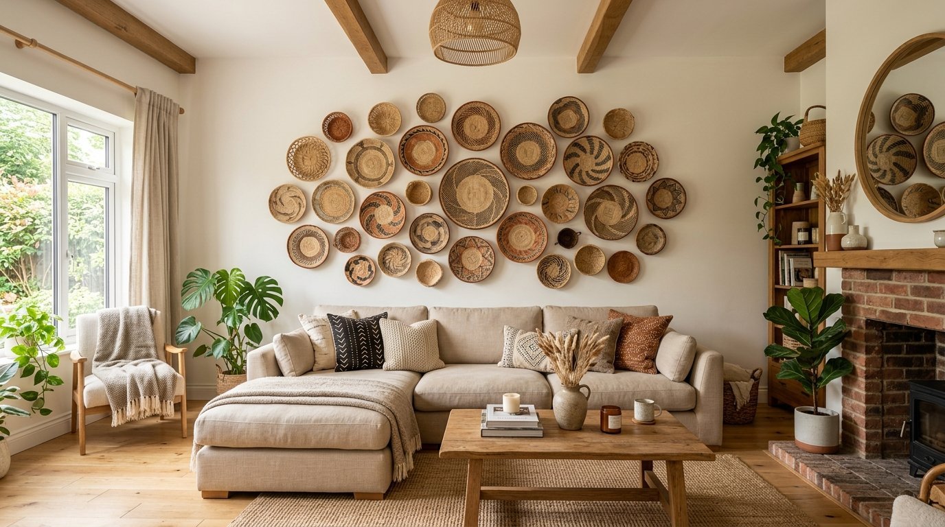 Neutral couch with patterned pillows below a wall display of various woven baskets and rattan decor.