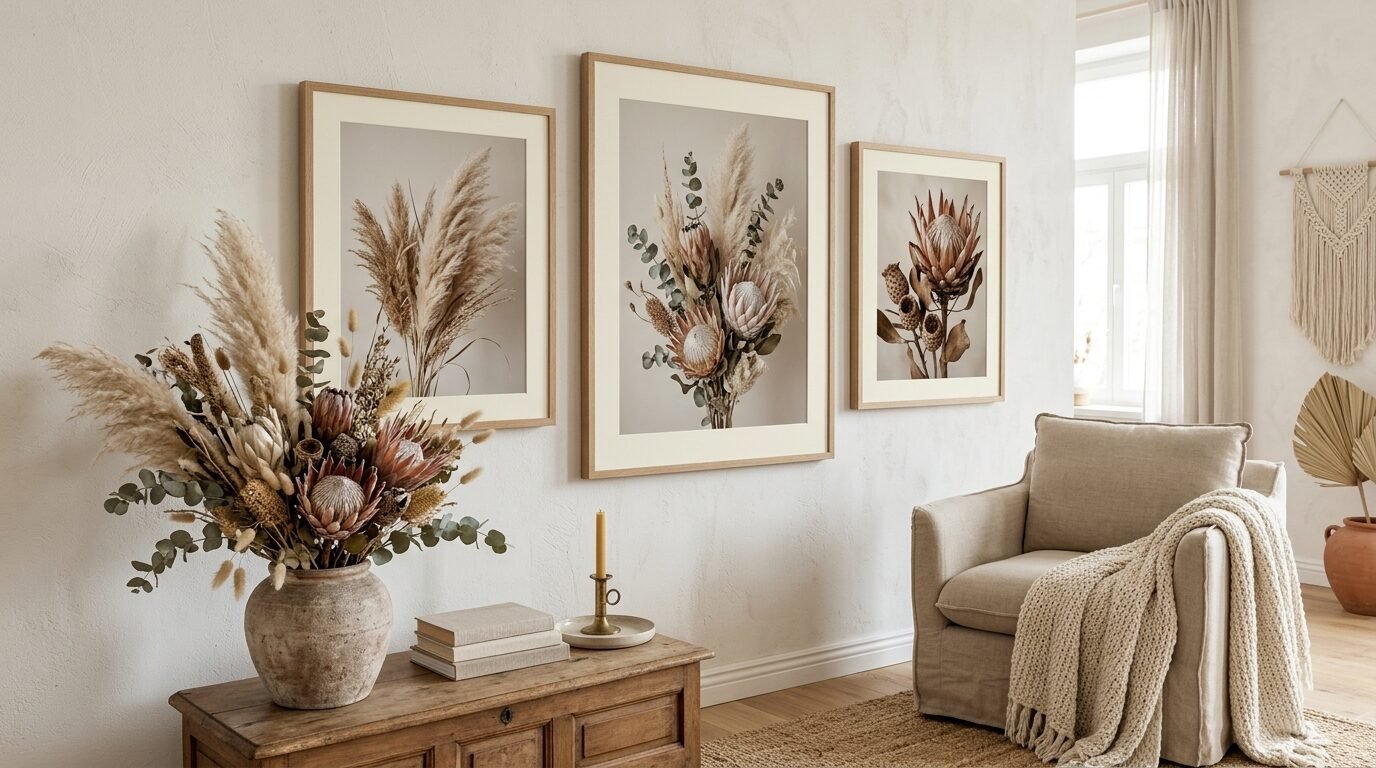 Neutral living room wall gallery featuring three framed protea and pampas grass art prints.