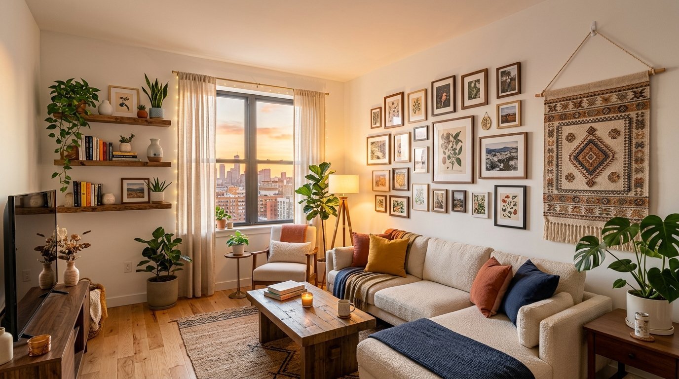 A warm, sun-drenched living room with a beige sectional, gallery wall, wooden shelves, and city skyline through the window.