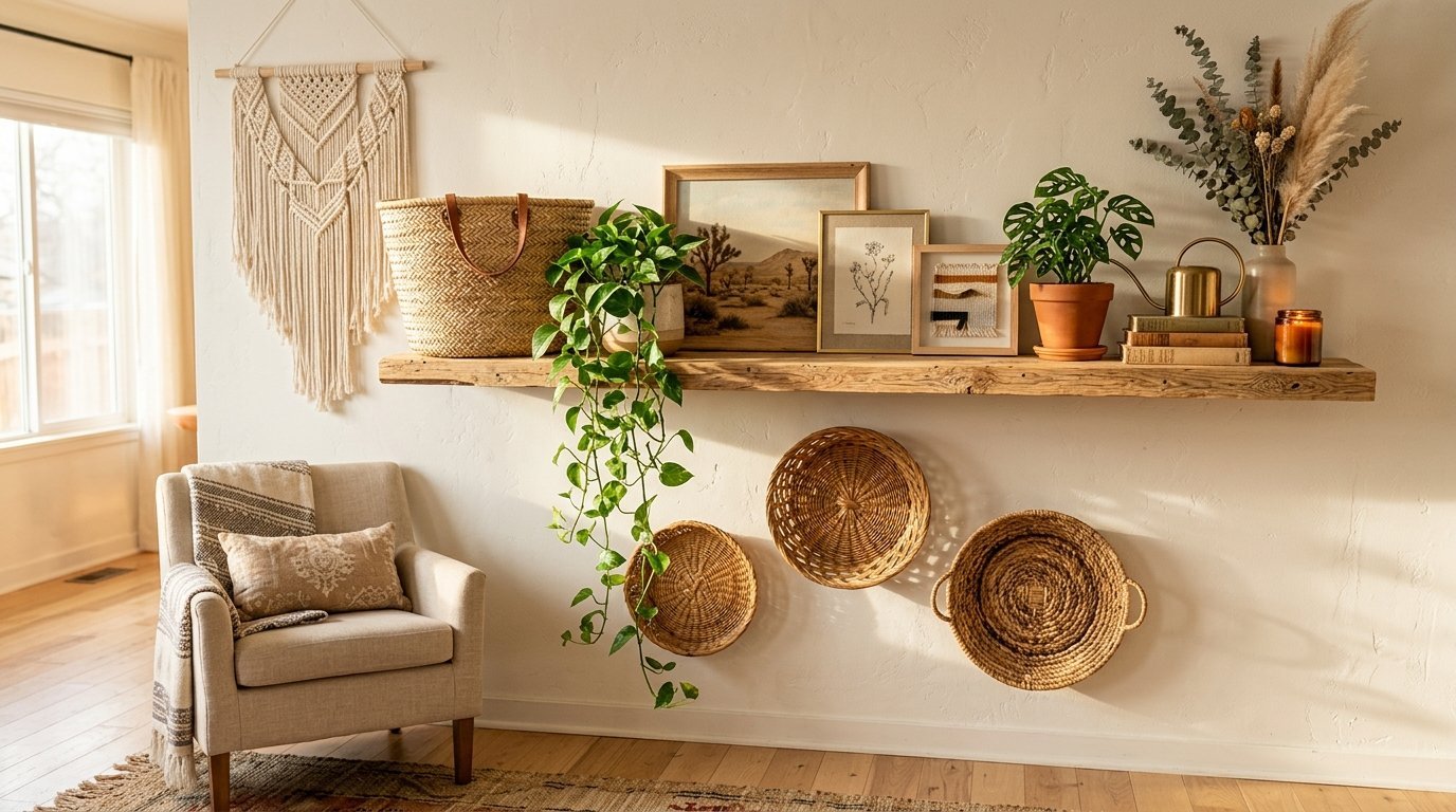 A rustic wooden shelf holding framed art, potted plants, and books above three hanging wicker wall baskets.