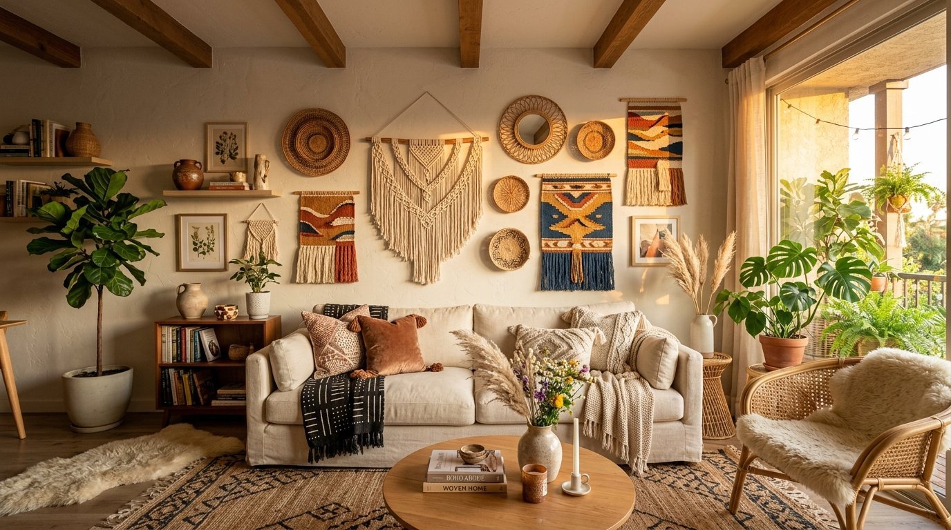 A beige couch sits in a boho room with macrame hangings, woven baskets, and indoor plants under wooden ceiling beams.