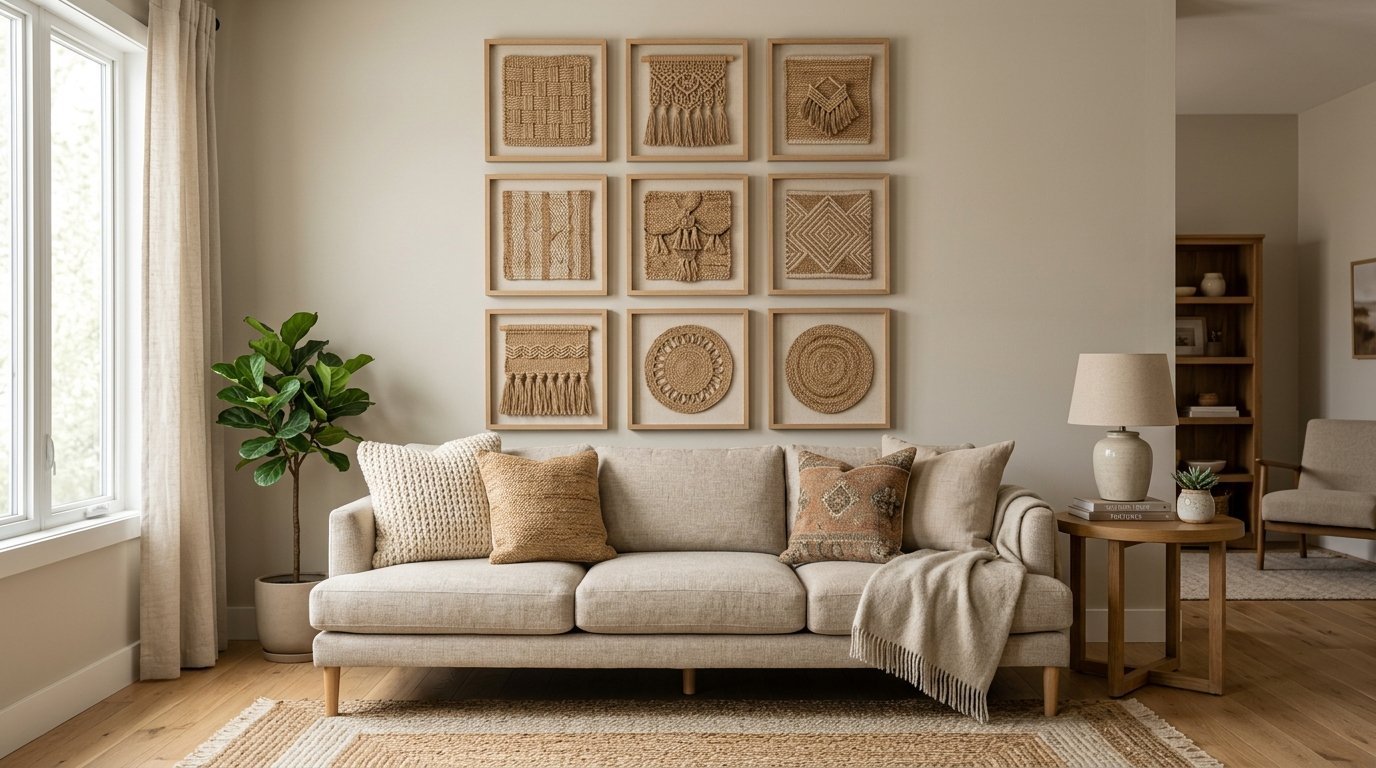 A beige sofa sits in a living room under nine framed textile art pieces with woven textures.
