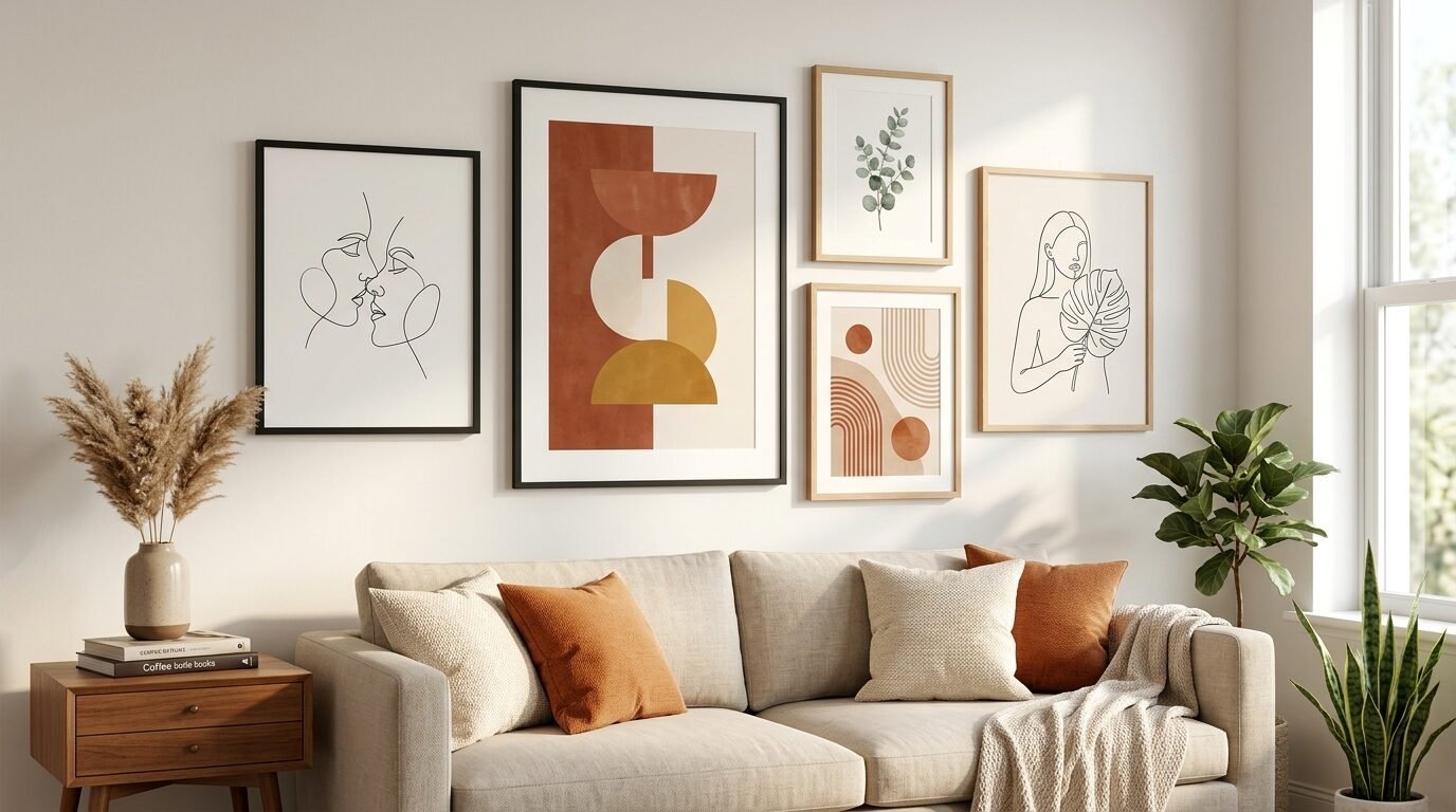 Neutral couch with terracotta pillows below a collection of abstract and botanical framed wall art.