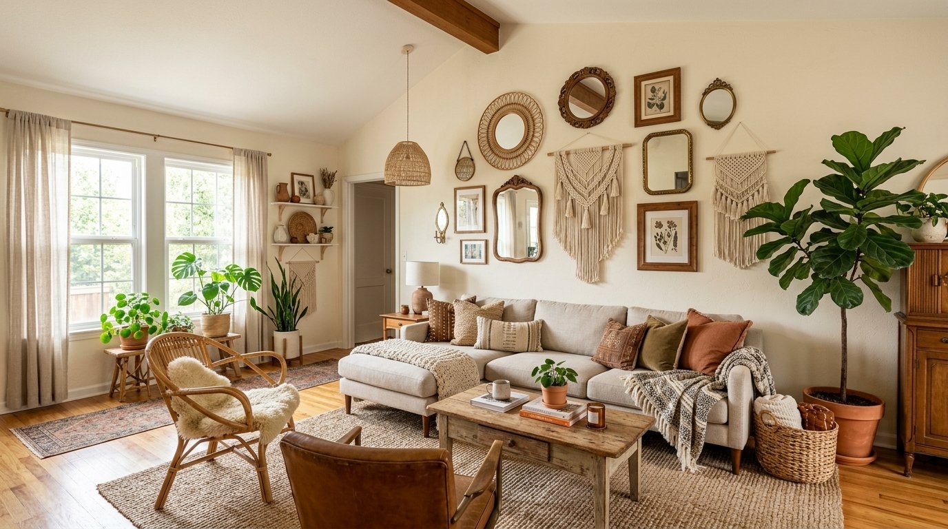A sunlit living room featuring a beige sofa, gallery wall of mirrors, macrame hangings, and a fiddle leaf fig plant.