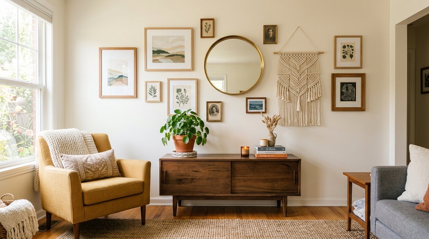 Mustard yellow armchair next to a wooden console table with a macrame wall hanging and gold circular mirror above.