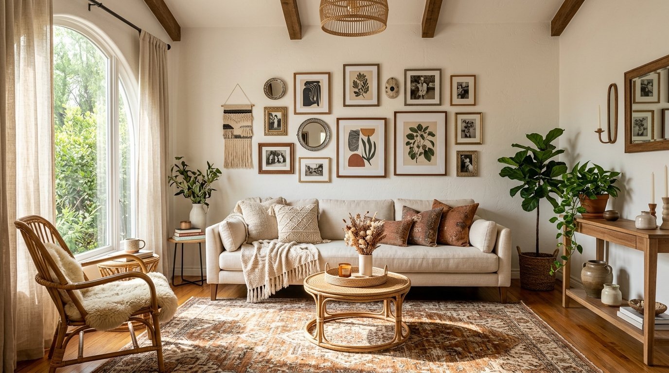 Cozy living space featuring a cream sofa, rattan coffee table, and an eclectic collection of framed art on the wall.