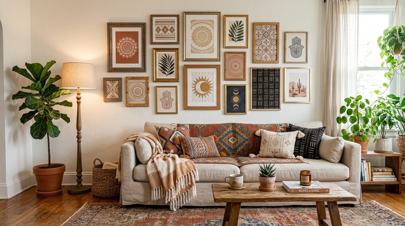 Cream sofa with patterned throw pillows below a large wall gallery of varied art prints in gold and wooden frames.