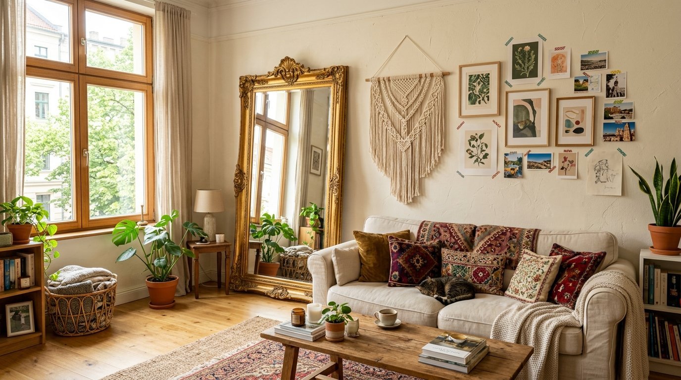 A beige couch with patterned cushions sits in a sunlit room with a large gold-framed mirror and wall-mounted art.